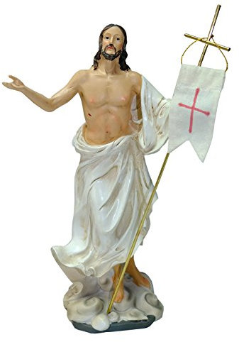 Kaltner Präsente Geschenkidee - Heiligenfigur Jesus Christus mit Fahne Osterfahne 30 cm - Handbemalte Statue auf Sockel - Hochwertiger Kunstguss aus Resin – Dekoration