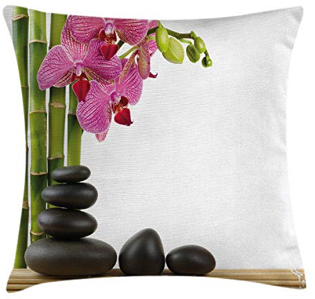 ABAKUHAUS Spa Kissenbezug, Pink Orchid und Bambusse, Dekorative Kopfkissenhülle mit Beidseitigem Druck Reißverschluß Waschbar, 40 x 40 cm, Schwarz Grün