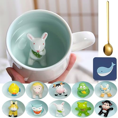 Arawat Tasse Kaninchen 3d Tasse Hase Geschenk Lustige Tier Kaffeetasse Keramik 350 ml Teetasse mit Löffel & Untersetzer Süße Tee Kaffee Becher Cute Geburtstagsgeschenk für Freund Freundin Tante Oma