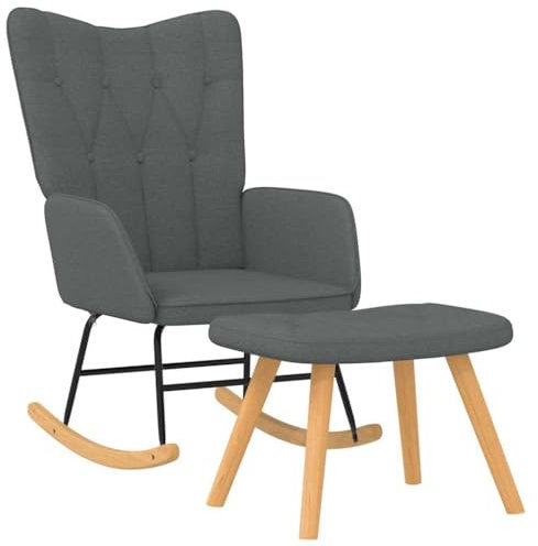 vidaXL Schaukelstuhl mit Hocker, Schwingstuhl mit Armlehne, Schaukelsessel mit Holzkufen Stahlgestell, Relaxsessel Schwingsessel Wohnzimmer, Modern, Stoff Dunkelgrau