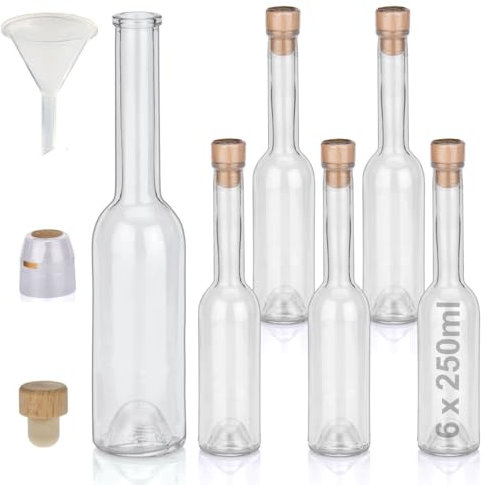 Flaschen Set 6 x 250ml hochwertige Glasflaschen leer mit Korken Schrumpfkapseln & 1 Trichter zum selbst Befüllen mit Gin Whisky Schnaps Likör Essig Öl günstige Flaschen Ginflaschen Whiskyflaschen