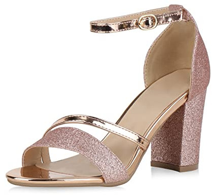 VAN HILL Damen Sandaletten Lack Riemchensandaletten Glitzer Metallic Schuhe Elegante High Heels Party Abendschuhe 154300 Rose Gold Elegant 37