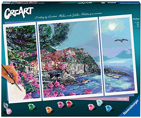 Ravensburger CreArt 23529 - Cinque Terre - Triptychon Malen nach Zahlen Erwachsene, DIY Malset mit Pinsel und Acrylfarben, Geschenk für Frauen und Männer, Malen für Erwachsene
