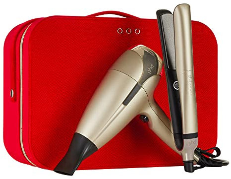 ghd deluxe Grand-Luxe Collection - Set de regalo plancha de pelo platinum+ y secador de pelo profesional helios, edición 2022, oro champagne