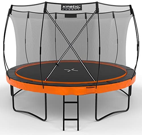 KINETIC SPORTS Trampolin Outdoor 'Ultimate Pro' Ø 244/305/366/427 cm – TÜV Rheinland, Kindertrampolin mit Leiter, Fieberglas-Netz, Gartentrampolin im Kürbis-Design, bis zu 160 kg