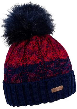 SABBOT Schöne Damen Mütze mit Pelzbommel, Fleece-Futter, Wintermütze, Strickmuster mit Zöpfen, Warme Kappe mit Kragen, Ombré-Effekt (Dunkelblau/Rot)