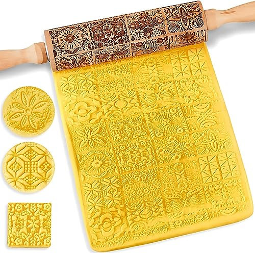 SSyang PräGerolle, Nudelholz mit Muster, Nudelholz mit Muster Weihnachten, Nudelholz, Teigroller Weihnachten,35 * 4.5 CM 3D Holz Nudelholz, Teigroller, für DIY, Weihnachten, Küche, Plätzchen Nach