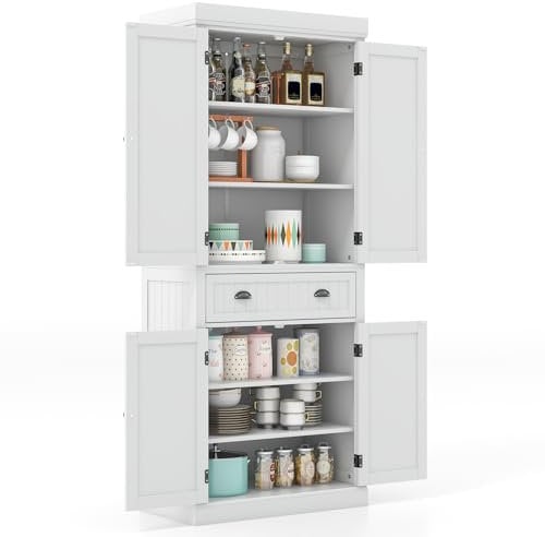 GiantexUK 183cm Tall Kitchen Cupboard, 4-Door Freestanding Pantry Cabinet with Adjustable Shelf, Drawer & Anti-Toppling Device, Wooden Storage Cupboard for Dining Room (without Door Racks, White)