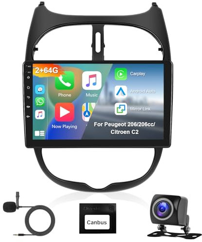 Hodozzy 2G+64G Autoradio für Peugeot 206/206cc/Citroen C2 2002-2010 Carplay Android Auto, Android 9 Zoll Touchscreen Bildschirm mit Navi WiFi Bluetooth Mirrorlink HiFi FM RDS Canbus Rückfahrkamera