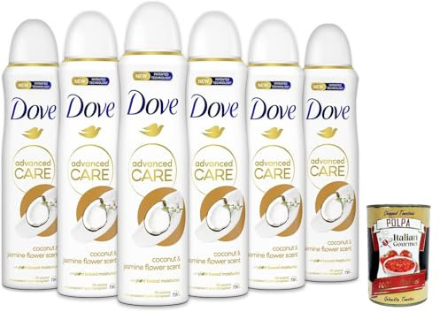 Dove deodorant Spray Advanced Care Go Fresh Kokosnuss- und Jasminblüten, deo Mit feuchtigkeitsspendenden und empfindlichen Formel,ohne Alkohol, 72 Stunden, 6x 150 ml + Italian Gourmet polpa 400g