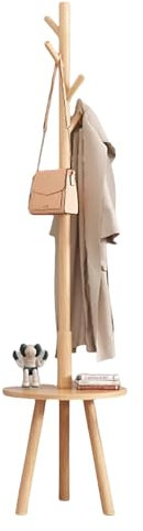 HJDSUDU Porte-Manteau avec Table de Rangement, Support de Porte-Manteau en Bois, présentoir Autonome pour Hall d'entrée, Cintre pour Chapeaux, Support de Rangement pour vêtements avec 8