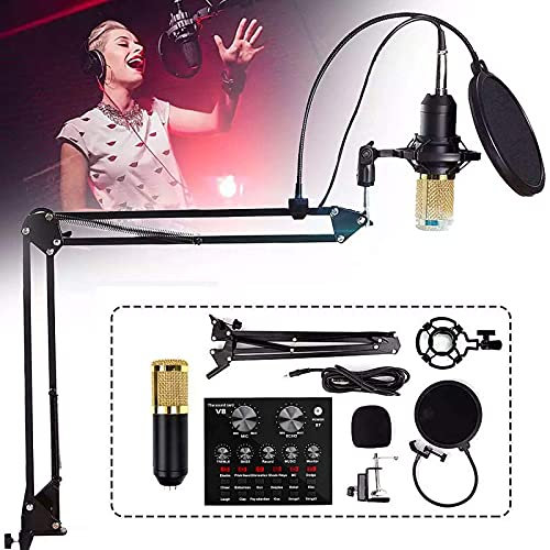 AKALNNB Paquete de micrófono de condensador, kit de transmisión, micrófonos, para podcasting con tarjeta de sonido en vivo, micrófono ajustable con suspensión de brazo de tijera, micrófonos vocales