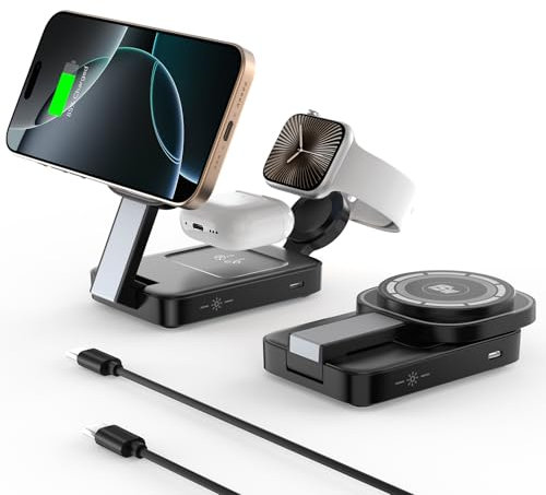 COCIVIVRE 3 in 1 Wireless Charger for MagSafe,Foldable Charging Station with Light Compatible with iPhone 16/16 Pro Max/15/14/13/12/11,Apple Watch 10/Ultra 2/9/8/7/6/SE,Air Pods Pro/4/3/2(Black)