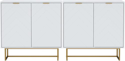UEV Lot de 2 Buffet Bas, Armoire de Rangement, avec 4 Portes et Étagère Réglable à 3 Positions, Manche et Pieds en Métal Couleur Doré, Scandinave, pour Salle à Manger, Chambre, Salon (Blanc x 2)