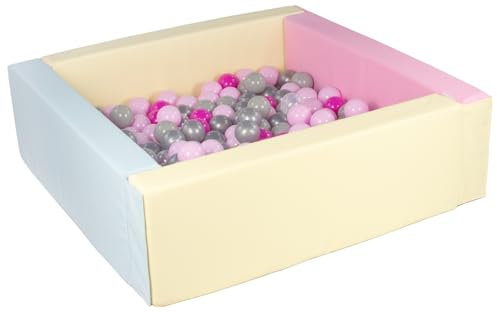 Velinda Piscine à balles carrée avec 200 balles, Cuir écologique, 5 éléments (Couleur de la Piscine/de balles: Rose, Bleu, Jaune (Pastel)/Transparent, Rose, Gris, Argent, Rose (Pastel))