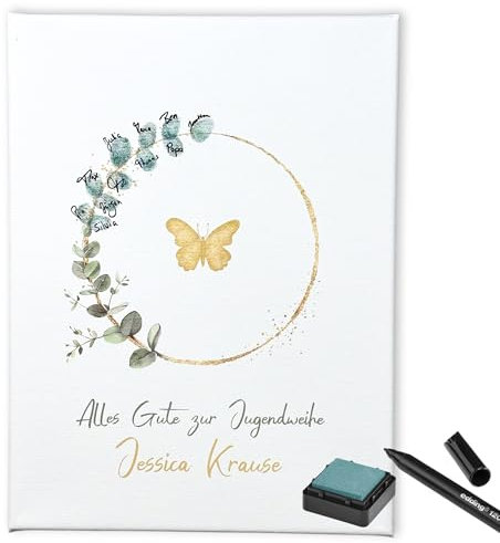 KATINGA Personalisierte Leinwand Fingerabdruck - Eukalyptus Design, inkl. Stempelkissen & Stift (Jugendweihe)
