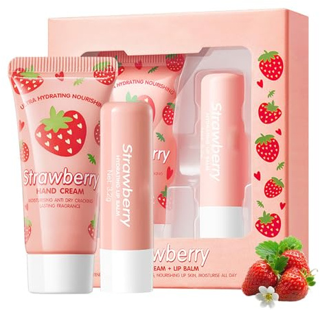 Erdbeere Handcreme + Lippenbalsam, Anti-Riss Reparatur Handcreme Mini, Pflegende kleine Geschenke für Frauen Mutter Freundin, Reise Geschenk mit Hand Cream & Lip Balm, geeignet für alle Hauttypen