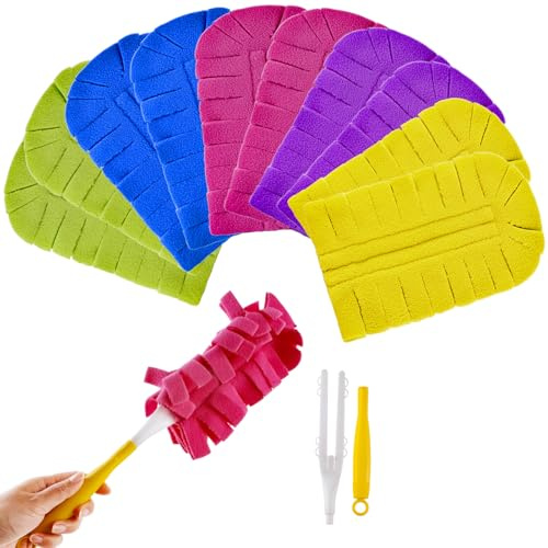 10 Pcs Reusable Duster Refill, 360° Reusable Fleece Duster Refills | Duster Refills for Swiffer with 1 Handle for Cleaning Ceiling Fan Window Hardwoods Kitchen Floor, Wet and Dry Dual Use