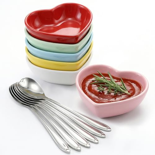 Mssushi 6 Pcs Heart Dipping Bowls Ceramic 70ml, Colorful | Heart Tapas Dishes, Soy Sauce Dish, for Snacks, Sushi, BBQ, Parties