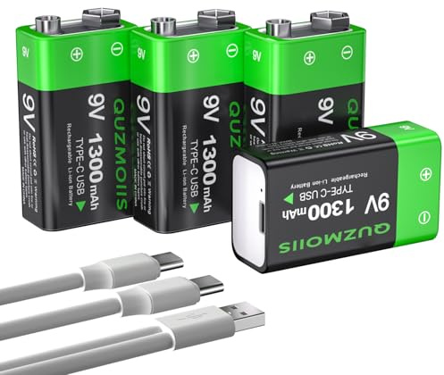 9V Wiederaufladbare Akku, 1300mAh Lithium-Ionen 9 Volt Block Batterien Schnellladung über USB-C ideal für Rauchmelder, Feuermelder, Multimeter (4 Stück)