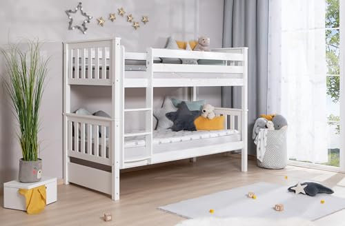 TiCAA Etagenbett, Kinderbett, Stockbett Funktionsbett für Kinder mit Treppe & Zwei Liegeflächen teilbar aus Kiefer Massivholz Weiß Bettgestell 90 x 200