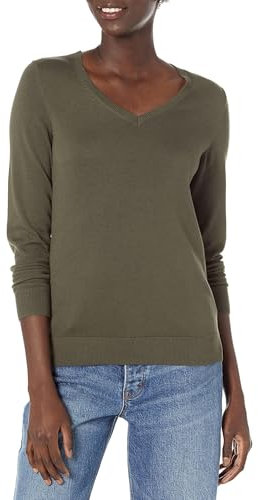 Amazon Essentials Jersey Ligero de Manga Larga con Cuello en V y Corte Estándar (Disponible en Tallas Grandes) Mujer, Verde Oliva Oscuro Mezcla, L