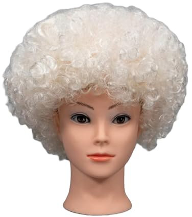 SHATCHI Afro-Perücke, lockiges Haar, für Kostümpartys, Disko-Zubehör, Wohltätigkeitsorganisation, flauschiges Fell, Unisex, 60er, 70er, 80er-Jahre-Design, weiß