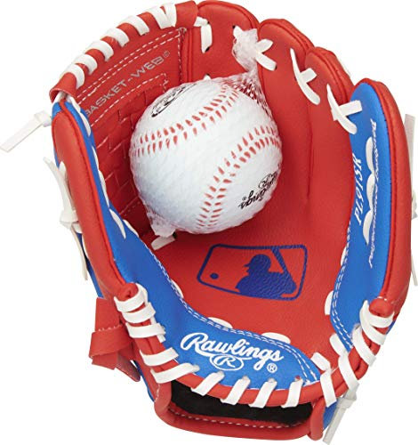 Rawlings Baseball-Handschuhe Players Series T-Ball & Youth Glove | Sizes 9-11.5 | Multiple Styles Baseballhandschuh, Rot/Blau mit Kugel, 9 | Ages 3-5