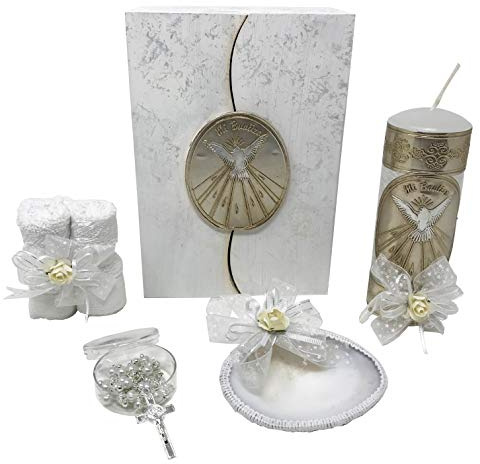 Katholisches Taufkerzen-Set in Holzbox mit Handtuch, Kerze, Rosenkranz und Muschel für Baby Jungen und Mädchen Handgefertigt in Mexiko Geschenk für Paten Heiliger Geist Taufe Kit de Bautizo