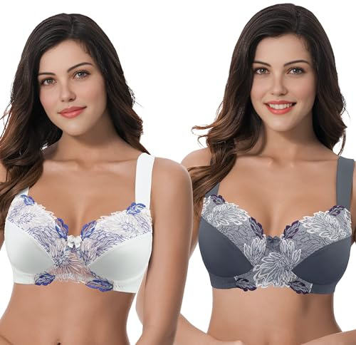 Curve Muse Womens Plus Size Minimizer Reggiseno Sfoderato Senza Fili con Confezione in Pizzo ricamato-2-Latticello, Grigio-3C