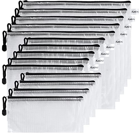 Kasimir Dokumententasche A5 x5, A4 x5 und B6 x4 Sammelmappe din B6, A5, A4 Kunststoff Reißverschlusstasche Set wasserdicht Mesh Bags - 14 Stück Schwarz