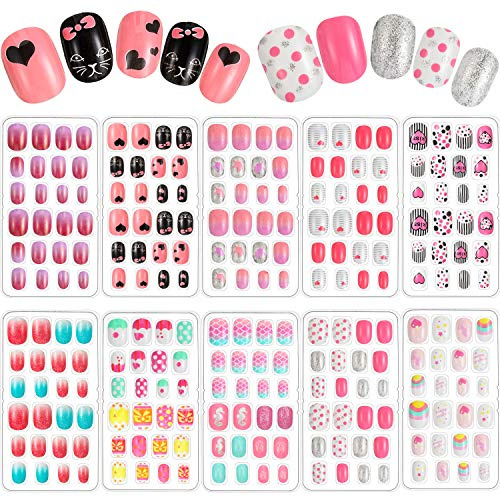 240 Pieces Children False Nails Kids Girls Press on Short Artificial Fake Nails Cute Pre Glue Full Cover Acrylic Nail Kit for Children Girls Nail Decoration, 10 Boxes (Pink Heart)