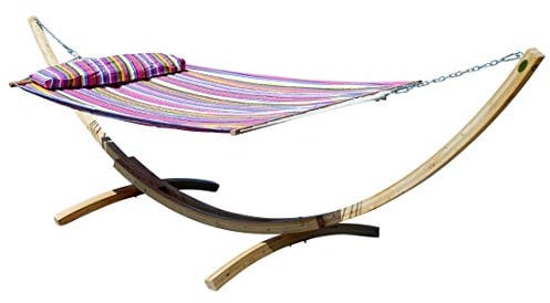 ALEOS. 400cm XXL Hängemattengestell Gestell aus Holz Lärche hell mit Stab Hängematte gefüttert mit Kopfkissen Pink 120x200 cm