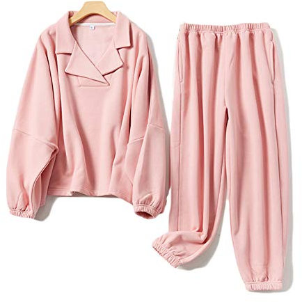 Pyjamas Aus GebüRsteter Baumwolle Damen, Pyjamas für Damen, Loungewear-Sets für Damen Pjs Langarm-Oberteil und Hosen Lady Nightwear Lounge-Sets,Rosa,XL