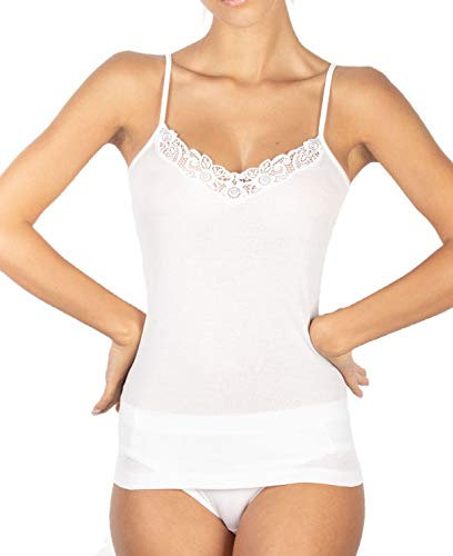 EGI Canotte Donna Filo di Scozia Spallina Sottile con Pizzo (3/S, Bianco)
