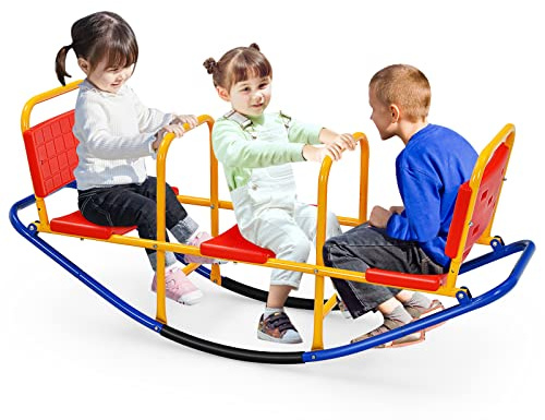 COSTWAY Altalena Saliscendi per Bambini, Altalena Basculante Oscillante di Metallo con Maniglie, Altalena Basculante per Interno ed Esterno, 3 Posti a Sedere (Rosso)