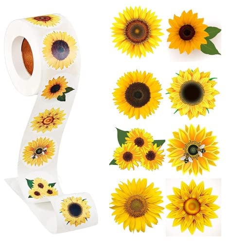 IRYNA Sunflower Stickers Thank You Stickers Self Adhesive Sunflower Labels Round Sticky Labels with 8 Sunflower Patterns for Packaging Sealing Bag, DIY Envelope Cards, Bakeries(1Roll, 1.5 Inch)