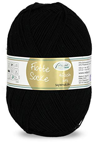 Rellana Flotte Socke uni,100 Gr. 4-fädige Sockenwolle, 75% Schurwolle(Superwash)/25% Polyamid, (902 schwarz)