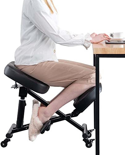 YOOTMEEN Ergonomischer Kniestuhl, verstellbarer Schreibtischhocker für Zuhause und Büro, reduziert den Druck auf Ihre Schienbeine mit verstellbaren Fußstützen, Bremsrollen, Schwarz