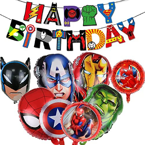 Superhelden Party Dekorationen Avenger Party Supplies – Happy Birthday Banner Superheld Große Folienballons Tortenaufsatz für Kinder Jungen, Mädchen Superhelden Themenparty Dekorationszubehör (D)