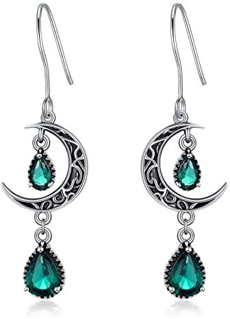 VONALA Crescent Moon Earrings 925 Sterling Silver Celtic Moon Dangle Drop Earrings Emerald Dangling Earrings Celtic Jewelry Gifts for Women Teens Girls