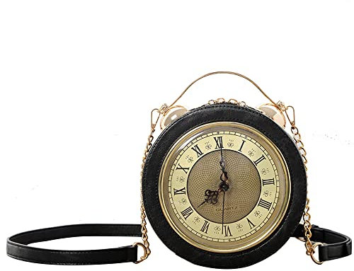 Retro Mode Uhrenform -Umhängetasche, Runde PU -Kettenbeutel Der Frauen,Schwarz,20 * 20 * 10cm