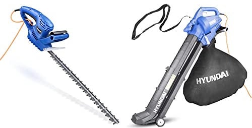 Hyundai Lightweight Powerful 550w 510mm Corded Electric Hedge Trimmer Pruner 10m Cable With 3 Year Warranty, Blue (HYHT550E) & 3 in 1 3000W Electric Leaf Blower- 45L Bag, HYBV3000E, Blue