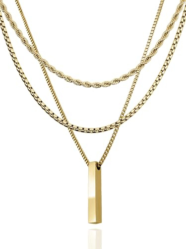 RUGGED steel - Damen Edelstahl Statement Ketten Set 3 Halsketten + Stab Anhänger Layering Look (inkl. Schmuck-Box)
