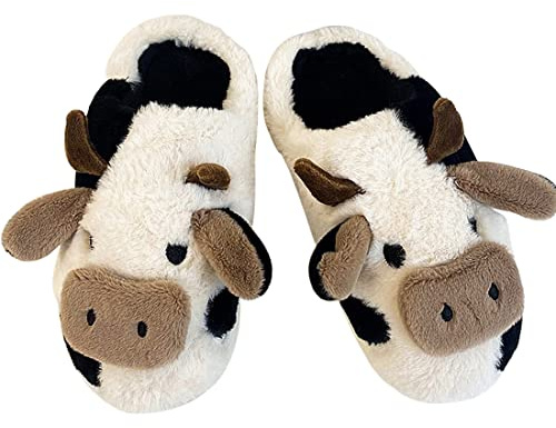 papasgix Cow Slippers Kuh Hausschuhe Unisex Flauschig Damen Herren Plüsch Tiere Pantoffeln Niedliche Cartoon Hauspantoffeln Winter Kuschelige Warme Schuhe Indoor Mädchen Frauen