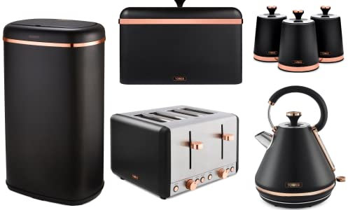 Tower Cavaletto Pyramid Kettle, 4 Slice Toaster, Bread Bin, 3 Canisters and 58L Sensor Bin. Kitchen Set of 7 in Black & Rose Gold