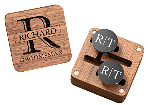Individuelle Metall-Manschettenknöpfe für Herren, personalisierte Manschettenknöpfe mit Holzbox, Trauzeugen-Geschenke für Hochzeit, Geburtstag, Vatertag, Hochzeit, Partygeschenk (Schwarz)