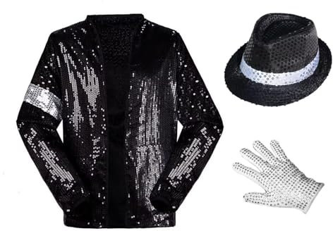 Shuanghao Kostüme Anzugjacken Jacket Top+Hat+Glove 3PS für Erwachsene Kinder Weihnachten Halloween Cosplay Puppe Partys Tänze Retro Punk Männer Frauen Mäntel Outfits Kleidung (Schwarz 130cm)