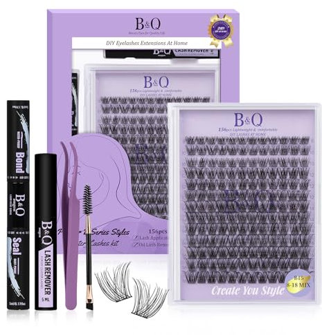 B&Quagen Lash Clusters Kit B15 - DIY Eyelash Extension Kit With 156 PCS 8-18mm Clusters, Lash Bond, Seal, and Applicator Tool