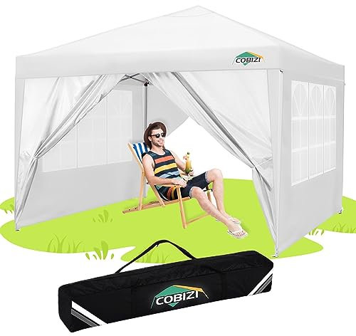 COBIZI Faltpavillon 3x3, Pavillon 3x3 Wasserdicht Stabil Winterfest mit|8X Heringe|4X Windseil|UV-Schutz 50+|Hoch Dichte Plane|Party Zelt Pavillon 3x3 faltbar Faltpavillon 3x3 mit 4 Seitenwnden(Weiß)